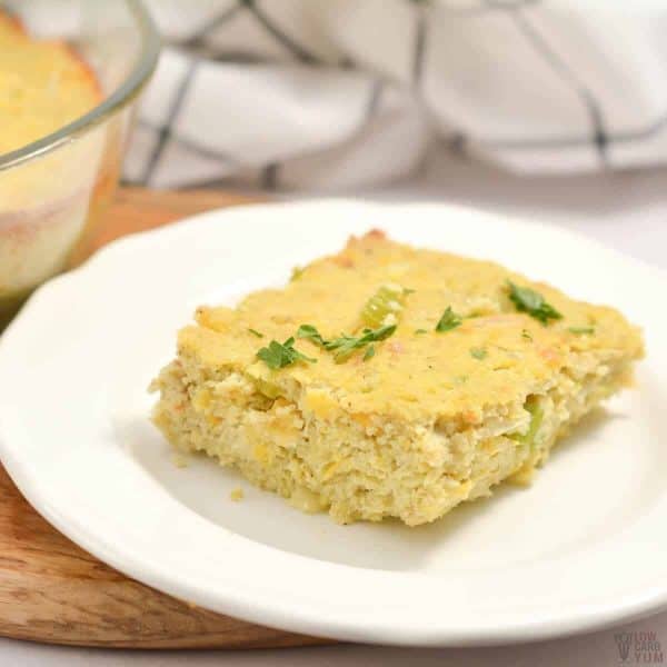 Cornbread Dressing on a plate created by lowcarbyum.